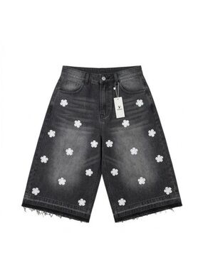 Black Daisy Embroidered Denim Jorts - Baggy Skater Shorts - Acid Wash NWT
